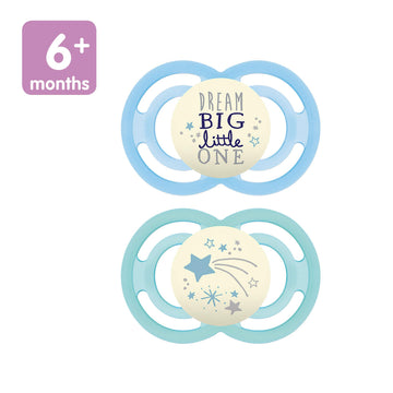 Mam Perfect Night Baby Pacifier, Patented Nipple, Glows In The Dark, 2 Pack, 6-16 Months, Boy (Design May Vary)