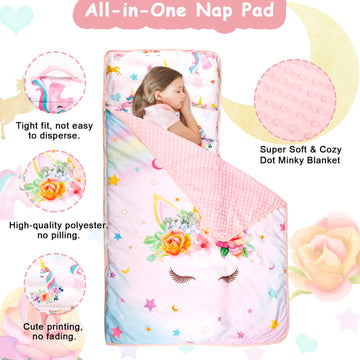 Toddler Nap Mat With Removable Pillow And Soft Dot Minky Blanket Pea Pod Kids Unicorn Napping Mats, Extra Large Rolled Slumber B