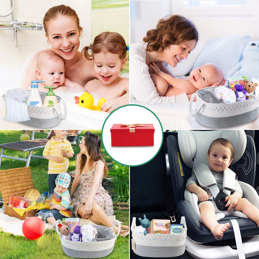 Lzellah Baby Diaper Caddy Organizer - Extra Large Nappy Caddy Rope Nursery Storage Bin - Baby Basket with 8 Pockets, 5 Compartme