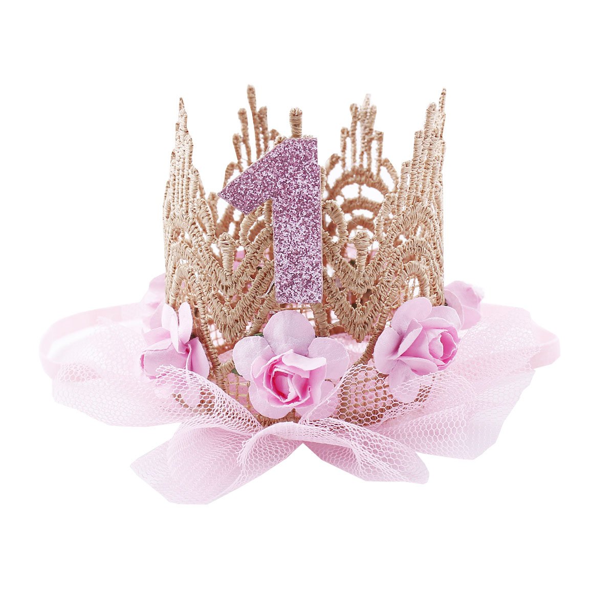 June Bloomy Baby Golden Lace Rose Flower Crown 1st Birthday Headband Princess Tiara (Pink)