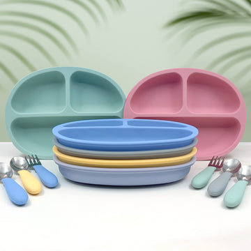 Elk And Friends Silicone Suction Plate For Babies/Toddlers + Stainless Steel Silverware Feeding Set | Divided Plate | Suction De