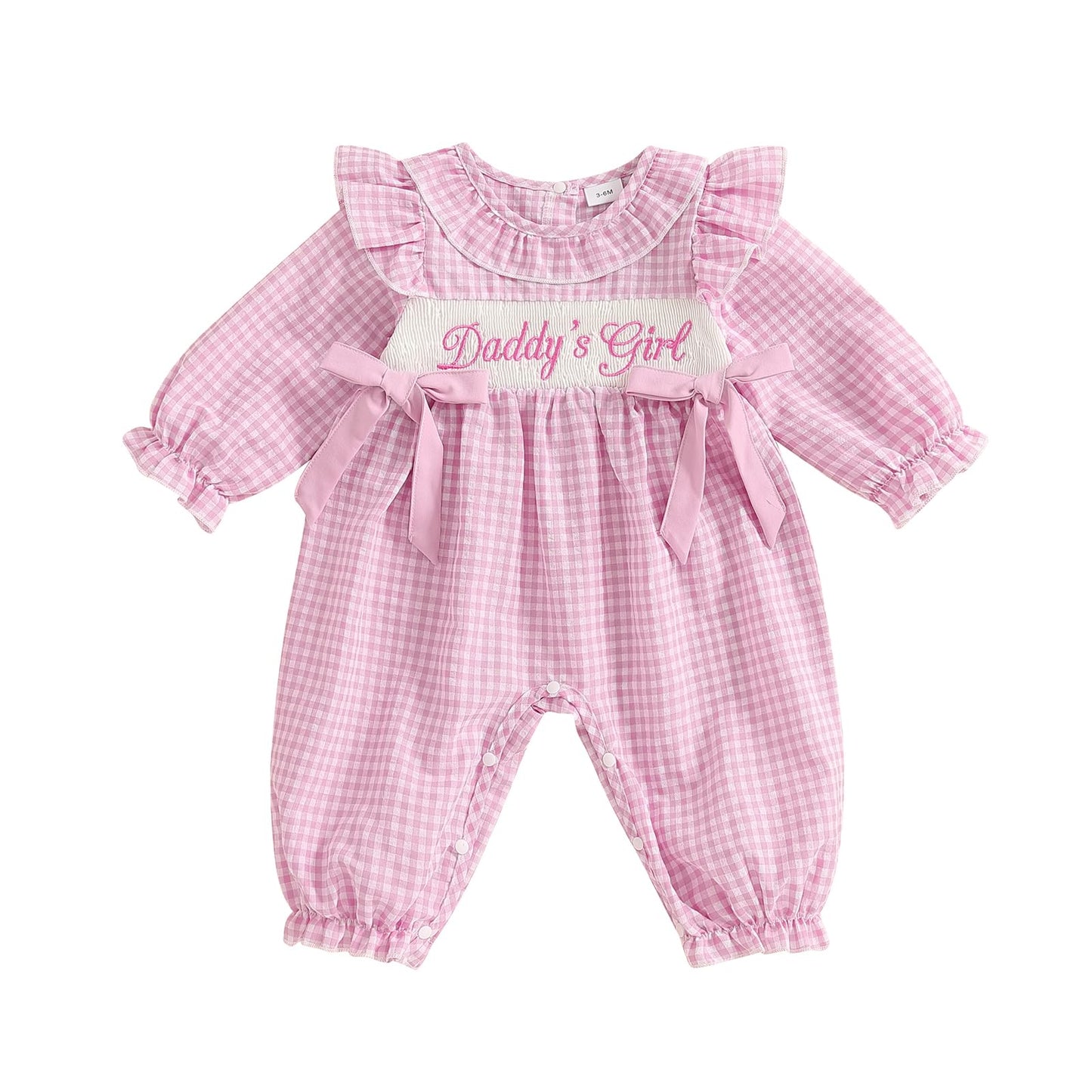 Seyurigaoka Newborn Smocked Baby Girl Clothes Bow Gingham Long Sleeve Jumpsuit Peter Pan Collar Shirt Romper (Daddys Girl, 6-12