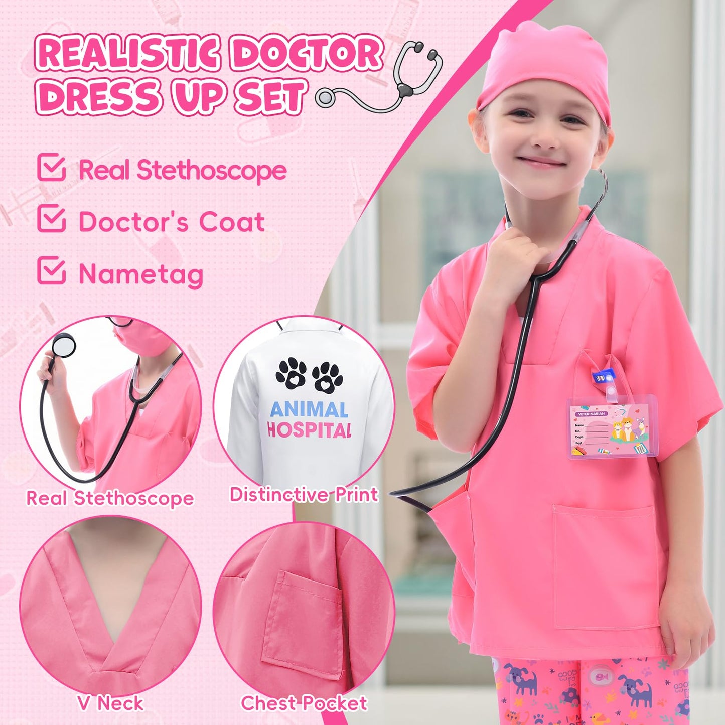 G.C Kids Veterinarian Costume Toddler Doctor Kit Scrubs Doctor Vet Costume Play Set Boys Girls Halloween Dress Up Career Day (Pi