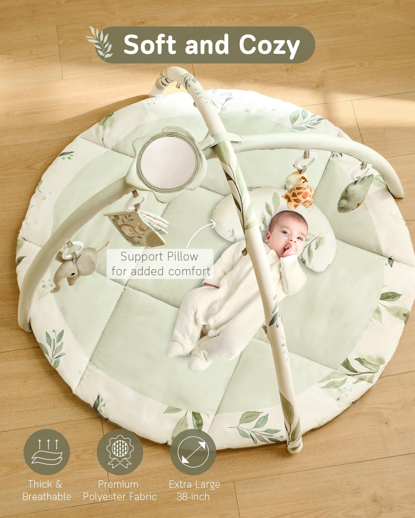 Fortella Baby Play Gym & Activity Mat, Tummy Time Mat W 5 Detachable Toys And Pillow, Large Sensory Playmat For Floor, Newborn I