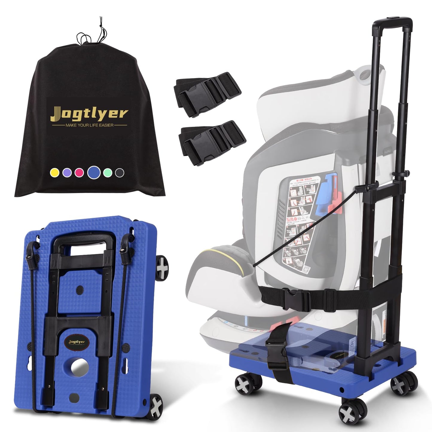 Jogtlyer Blue Car Seat Dolly for Airport Folding Car Seat Travel Cart for Airplane - Car Seat Roller with Wheel Cart Carrier wit