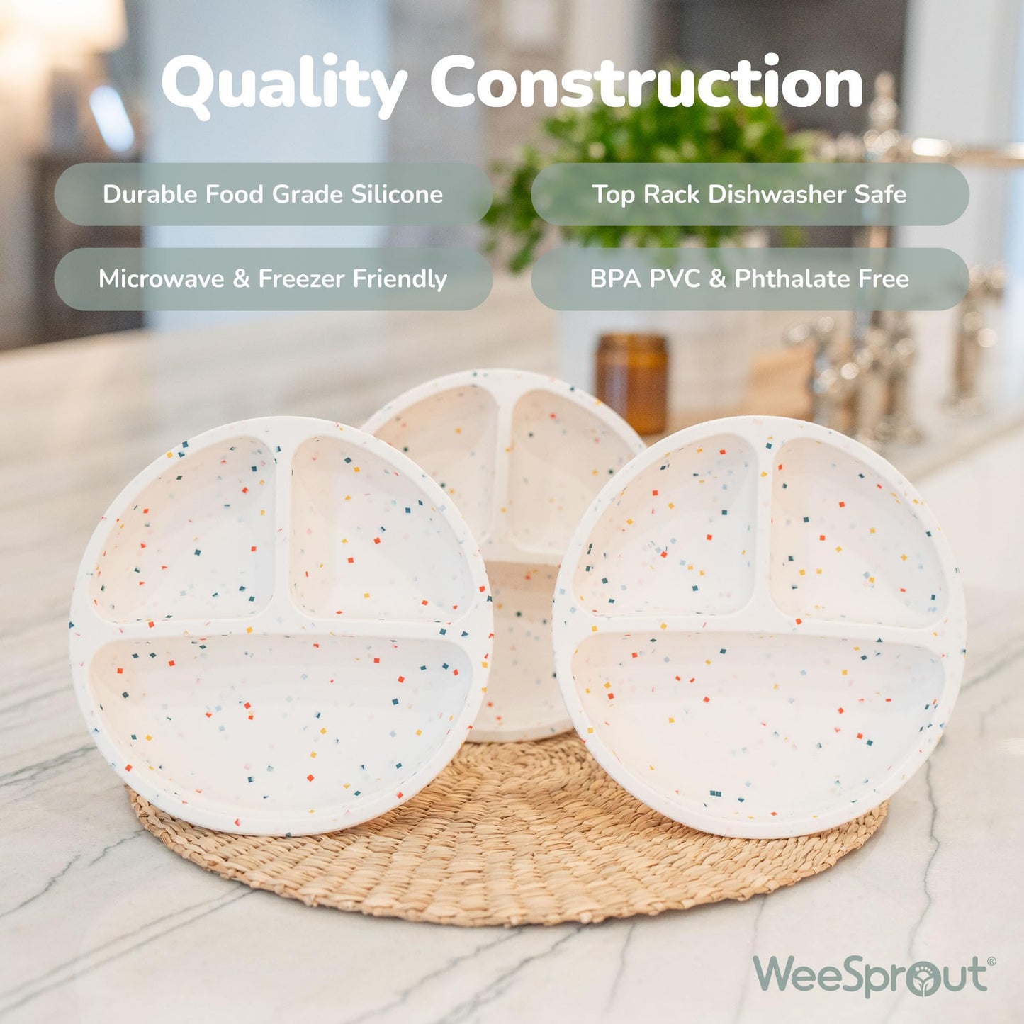 Weesprout Suction Plates For Babies With Lids & Toddlers - 100% Silicone, Dinnerware Stays Put, Divided Design For Picky Eaters,