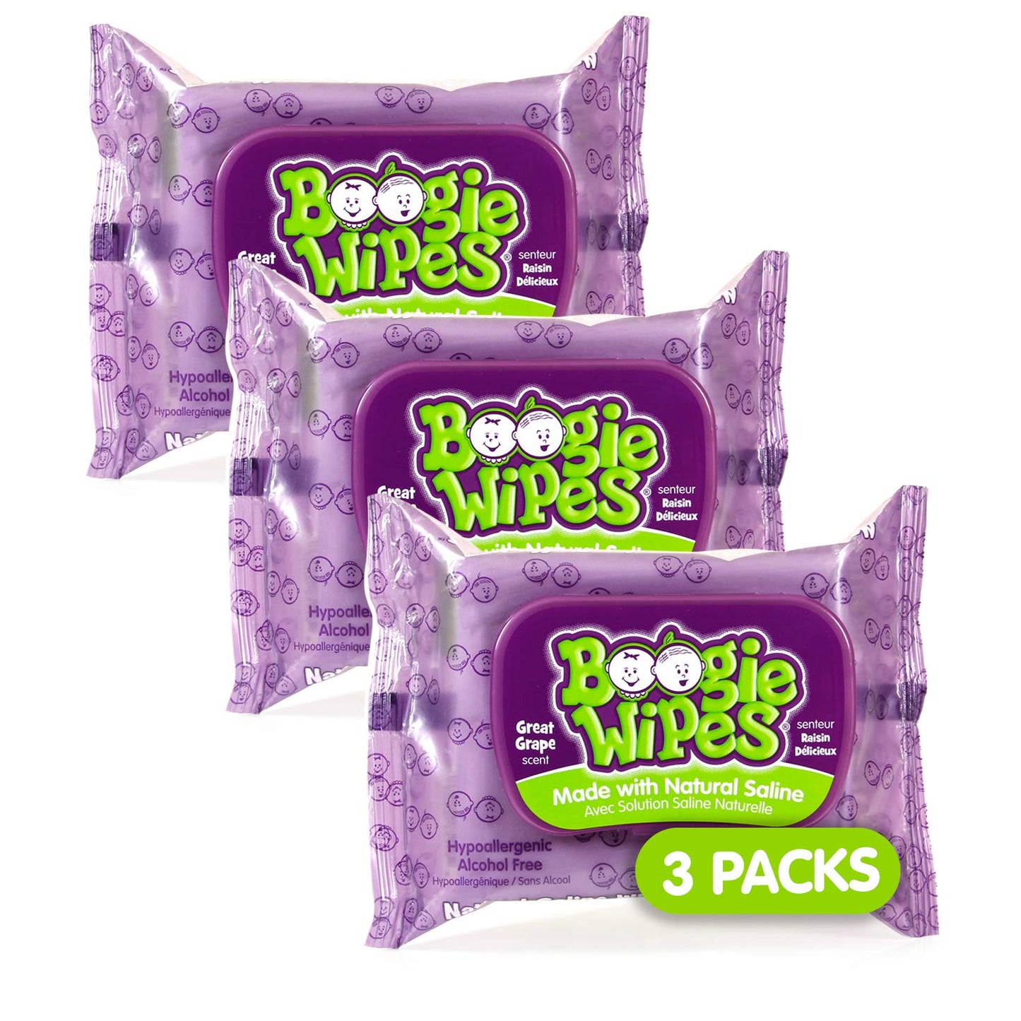 Boogie Baby Wet Wipes For Face, Hand, Body & Nose, Made With Vitamin E, Aloe, Chamomile & Natural Saline, Grape Scent, Purple, 3