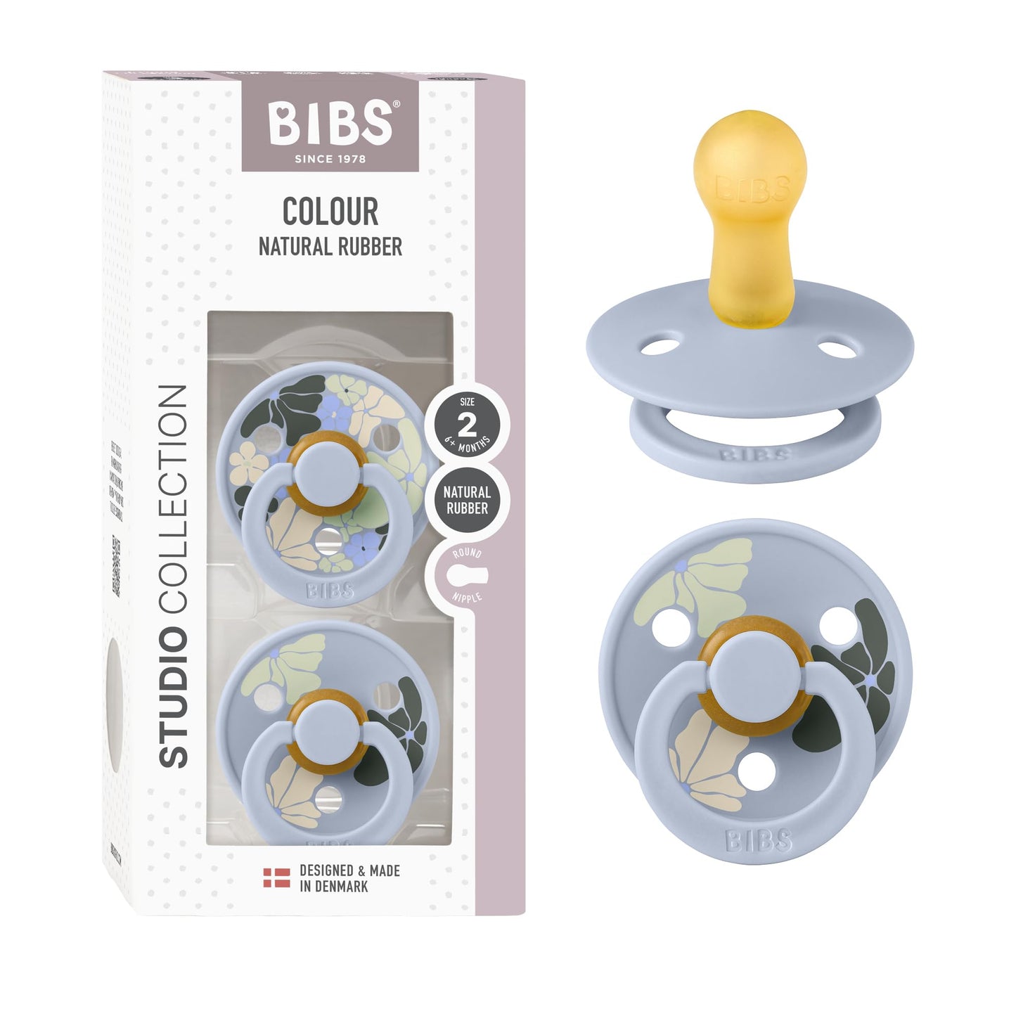 BIBS Pacifiers - Studio 2 Pack | Round Nipple Baby Pacifier | BPA Free Natural Rubber Latex Soother | Made in Denmark | Size 0+
