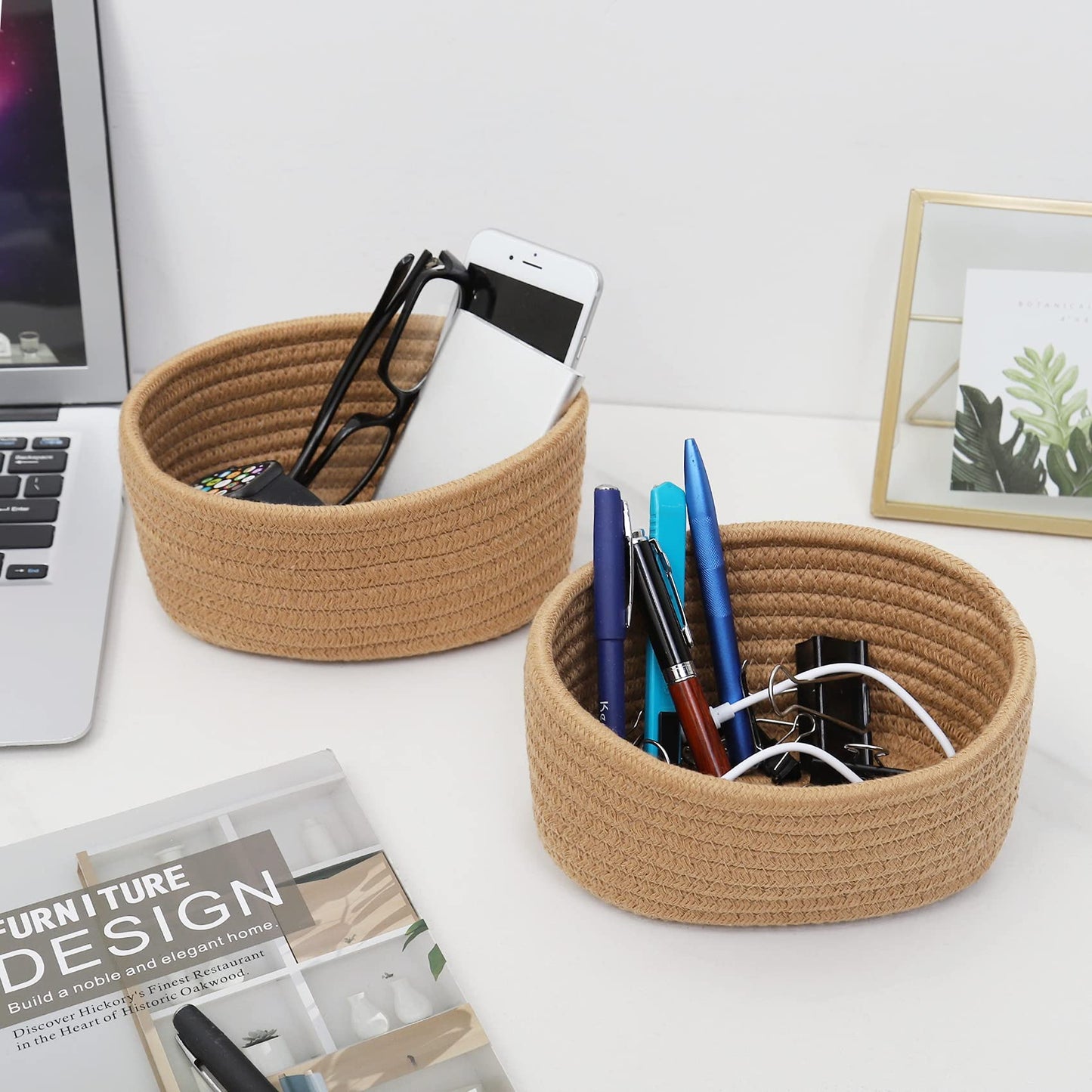 ?2 Pack?Abenkle Small Woven Baskets, Tiny Oval Shallow Storage Baskets, Mini Cotton Rope Empty Decorative Basket, Boho Little Or