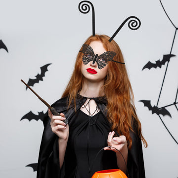 2Pcs Butterfly Antenna Headband With Butterfly Lace Mask For Halloween Cosplay Costume Accessory Black, Large