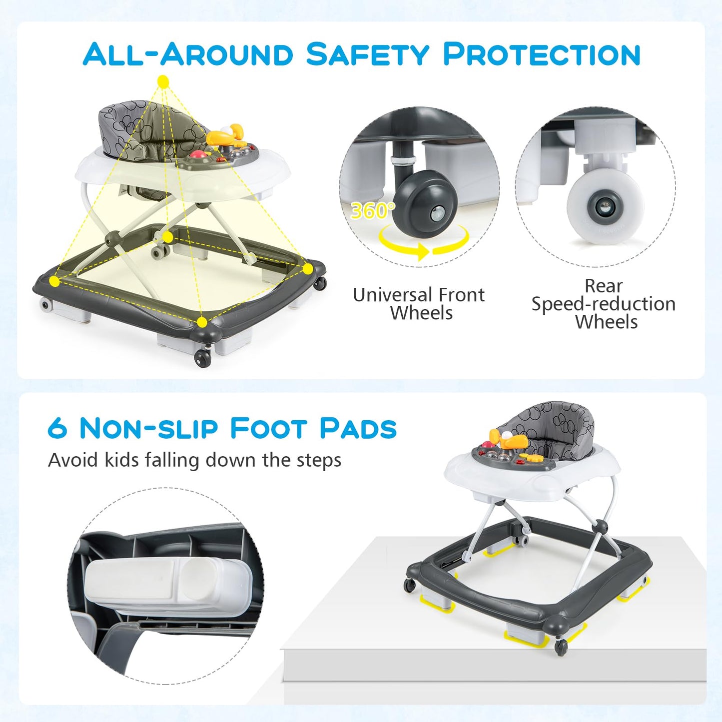 Baby Joy Baby Walker, 4 In 1 Foldable Activity Walker With Adjustable Height, Music, Lights, Anti-Rollover Toddler Push Walker,