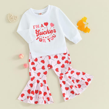 Iddolaka Toddler Baby Girls Valentines Day Outfits Long Sleeve Letter Sweatshirt Shirt Heart Flared Pants Spring Clothes (F-Whit