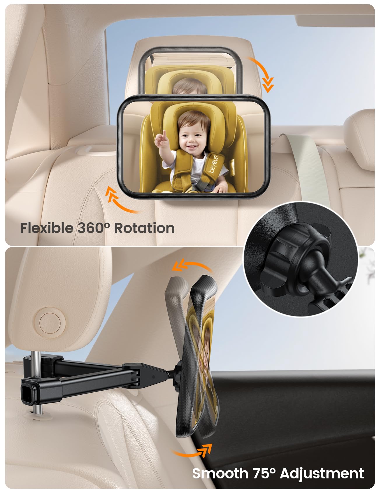 Baby Car Mirror For Baby - Lamicall Safety Shatterproof Acrylic Mirror, Anti-Shake Car Seat Mirror For Baby Rear Facing, 360 Rot