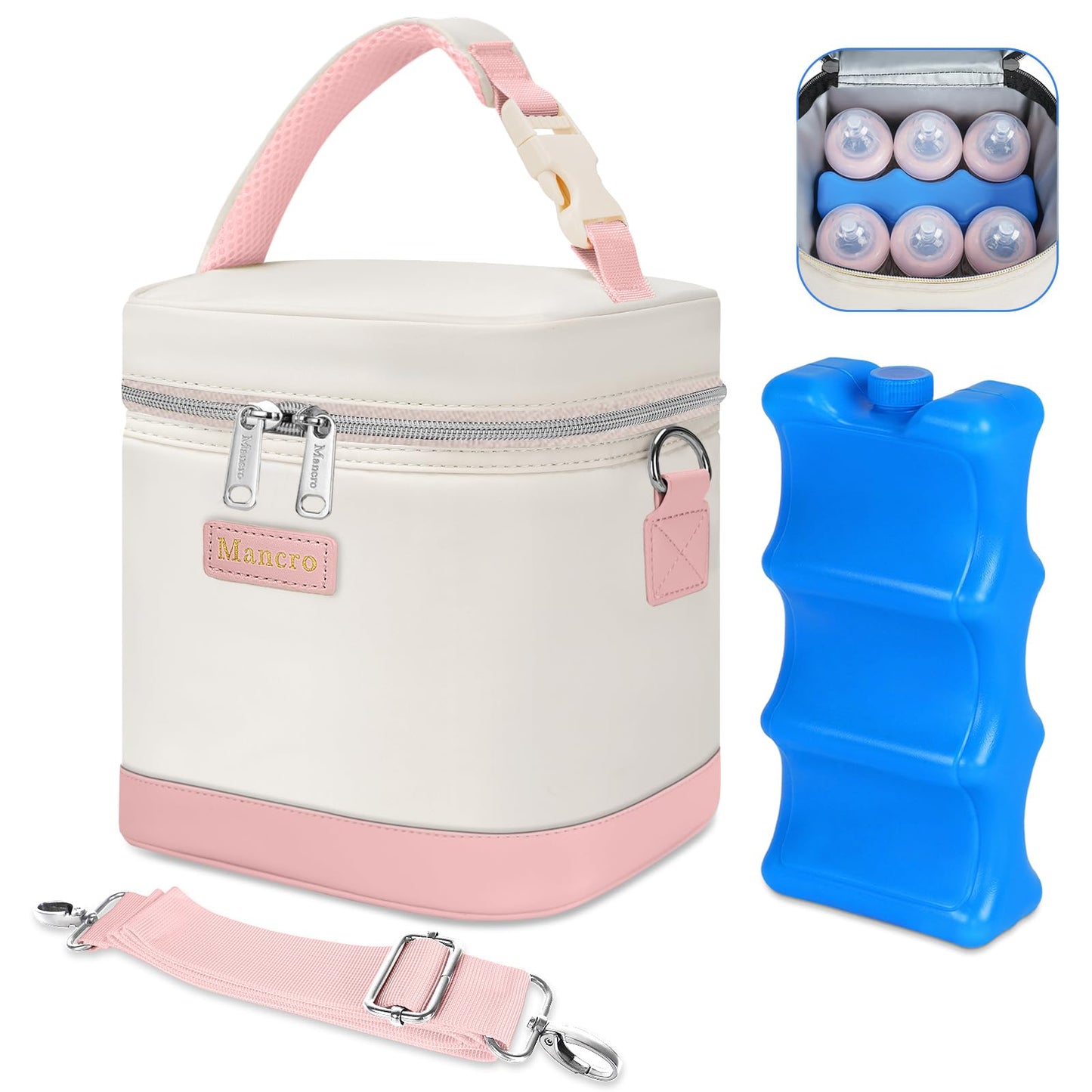 Mancro Breast Milk Cooler Bag with Ice Pack, Baby Bottle Bag Holds 6 Bottles Up to 9oz, Leak-Proof Insulated Storage for Nursing