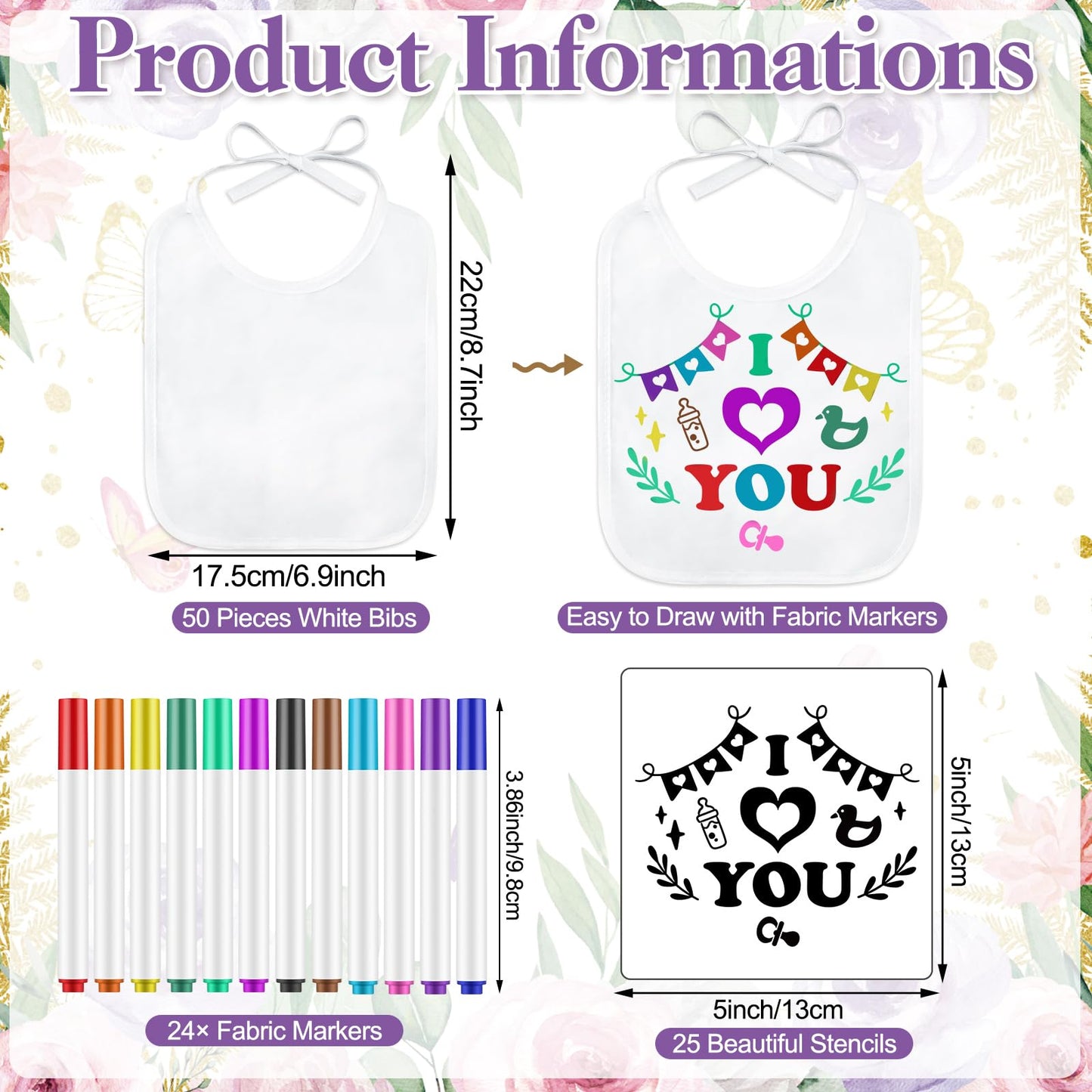 Panitay 100 Pcs Diy Baby Bibs Decorating Kit 50 White Bibs 25 Stencils 24 Fabric Markers 1 Baby Shower Game Sign(Butterfly)
