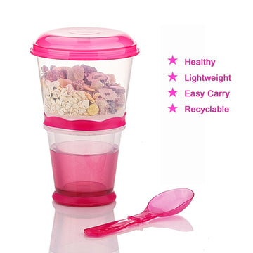 Inogih Cereal On The Go Cups Breakfast-Portable Drink-Cup Cereal To-Go Container-Cup With Spoon (Pink)