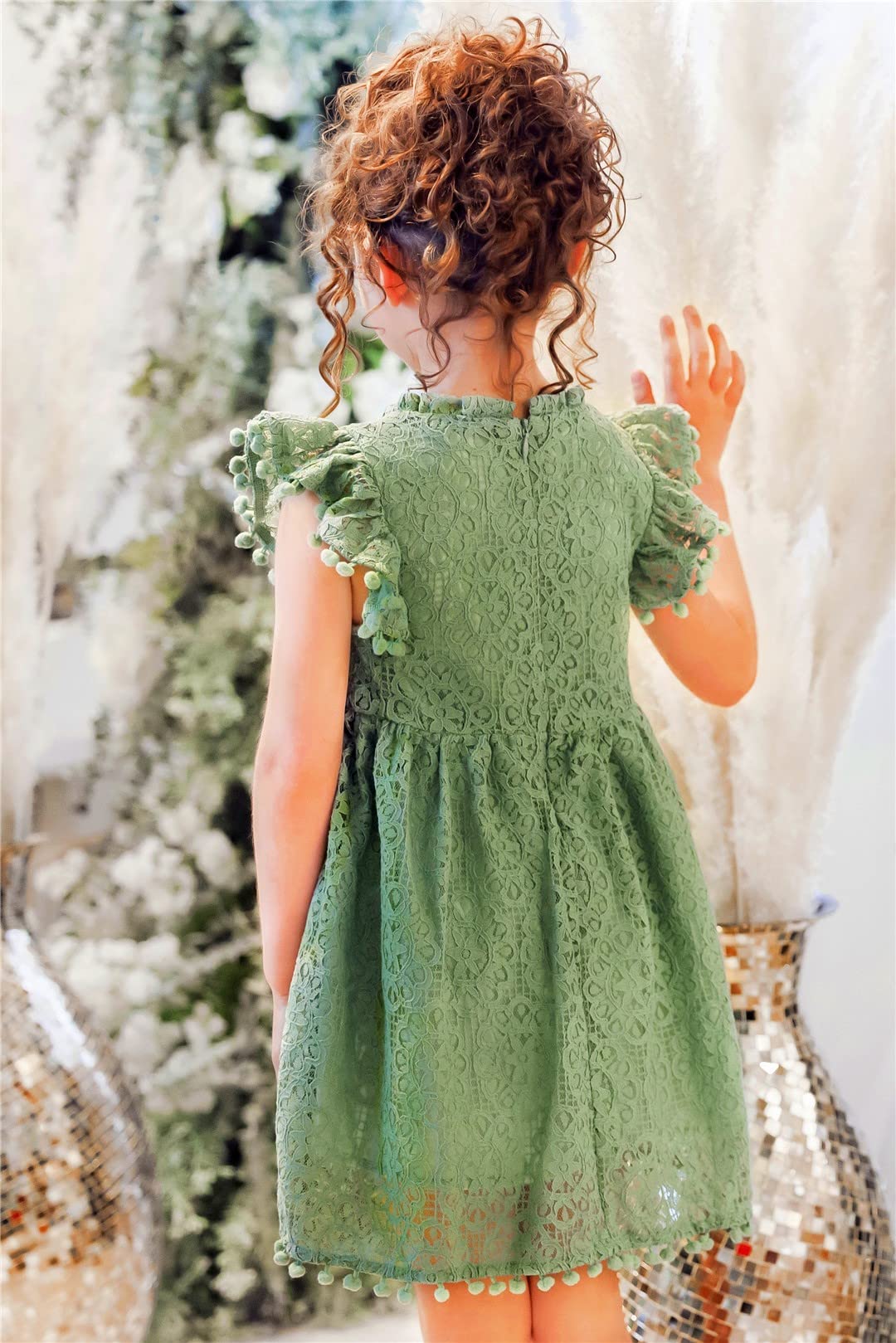 2Bunnies Girl Baby Toddler Vintage Lace Pom Pom Flutter Sleeve Easter Birthday Outfit Dress (Sage, 3T)