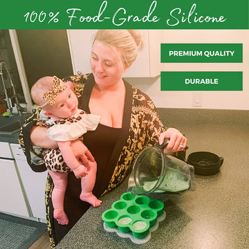 Silicone Baby Food Storage Container And Freezer Tray - Food-Grade Silicone Mold With Clip-On Lid - 9 X 2.5 Oz Easy Out Portions