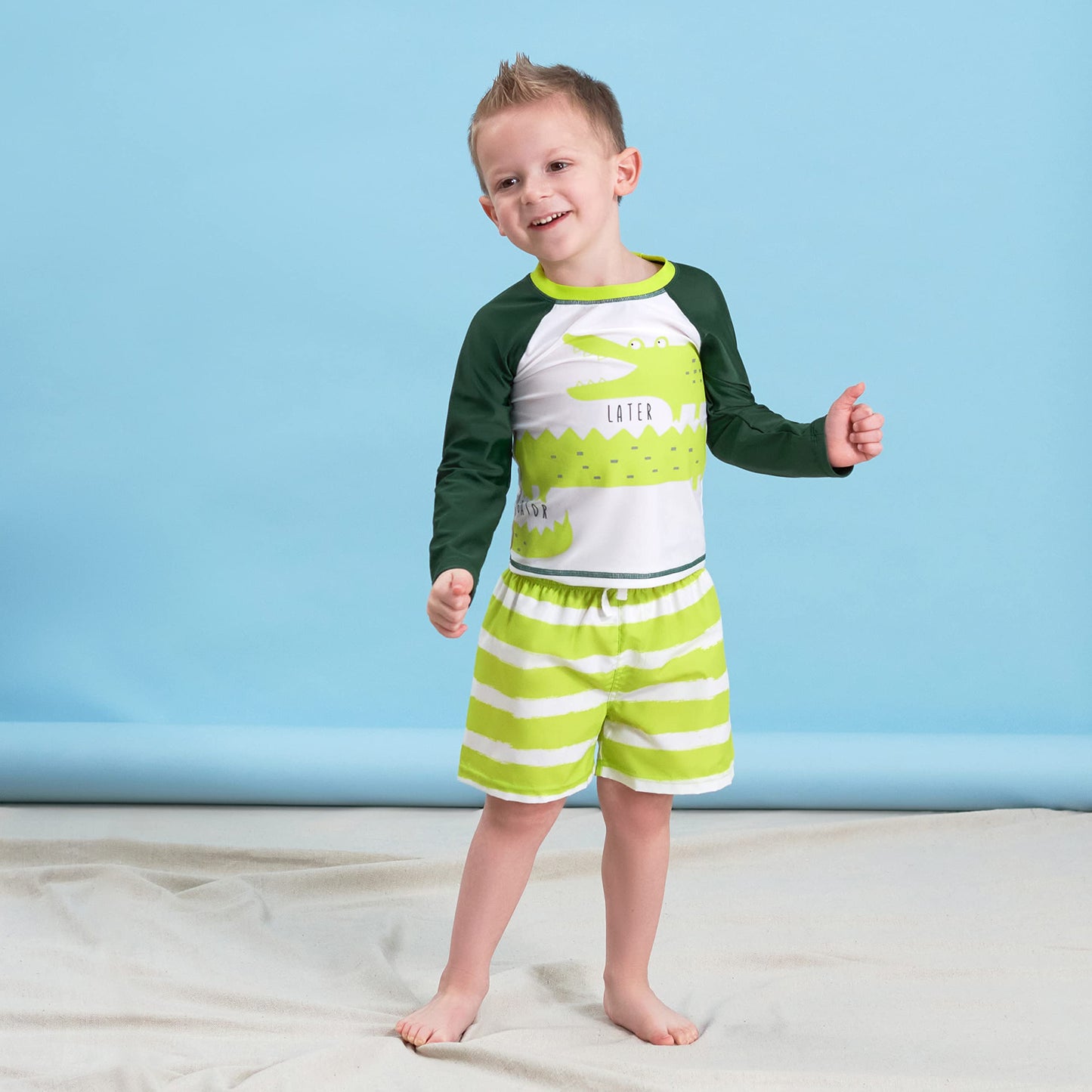 Gerber Baby Boy'S Toddler Long Sleeved Rashguard Swim Bathing Suit Set, Green Gator, 0-3 Months