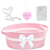 Groodo Small Woven Basket, Baby Gift Basket, 11.8 x 6.7 x 5.5 Pink Cotton Patchwork Gift Basket with Handles