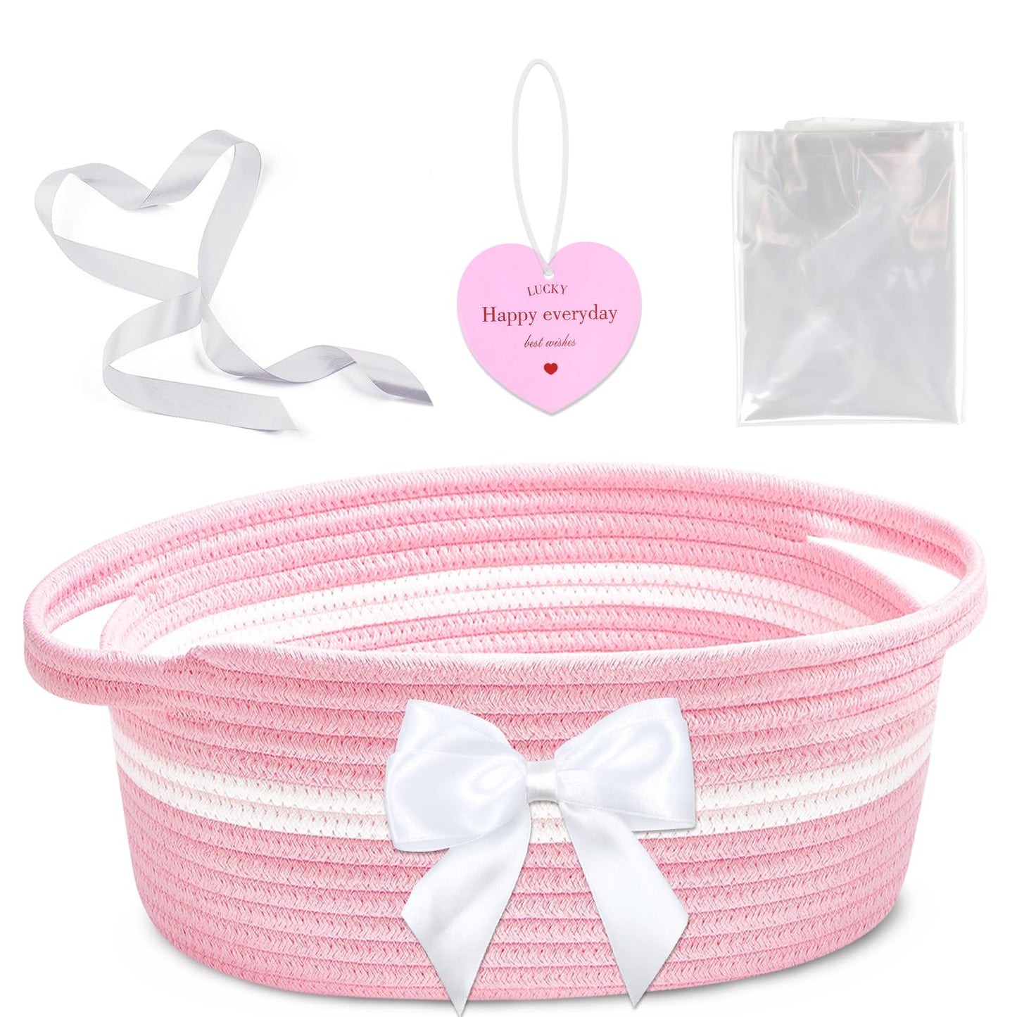 Groodo Small Woven Basket, Baby Gift Basket, 11.8 x 6.7 x 5.5 Pink Cotton Patchwork Gift Basket with Handles