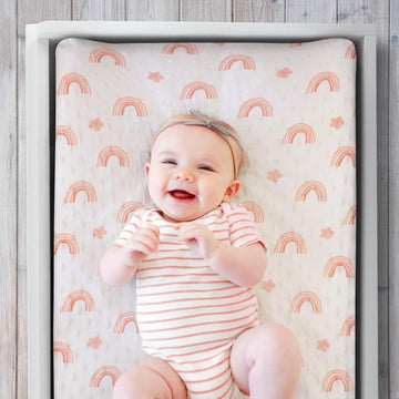 The Peanutshell Baby Changing Pad Covers Girl, Pink Minky Changing Table Sheets For Girls, Boho Rainbow Floral Nursery Decor