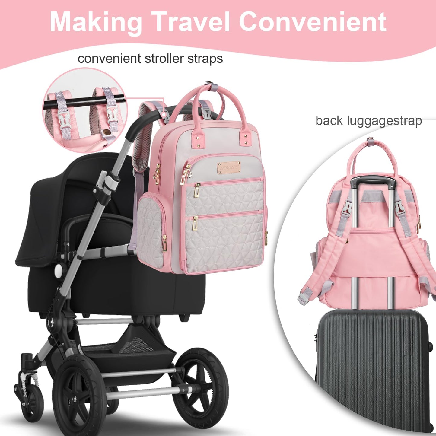 Aomay Diaper Bag Backpack - Mommy Bag For Hospital, Travel Backpacks, Large Capacity, Multifunctional - Baby Essentials(Pink)