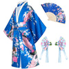 Elibelle Japanese Traditional Dress Kimono Robe For Kids Girls Costume Silk Folding Fans Hairstick Set(Blue130Cm)