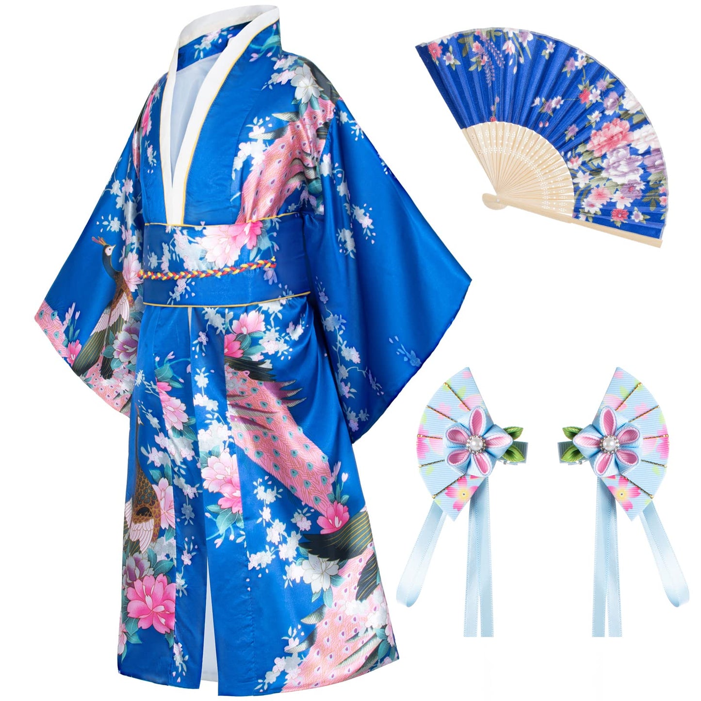 Elibelle Japanese Traditional Dress Kimono Robe For Kids Girls Costume Silk Folding Fans Hairstick Set(Blue130Cm)
