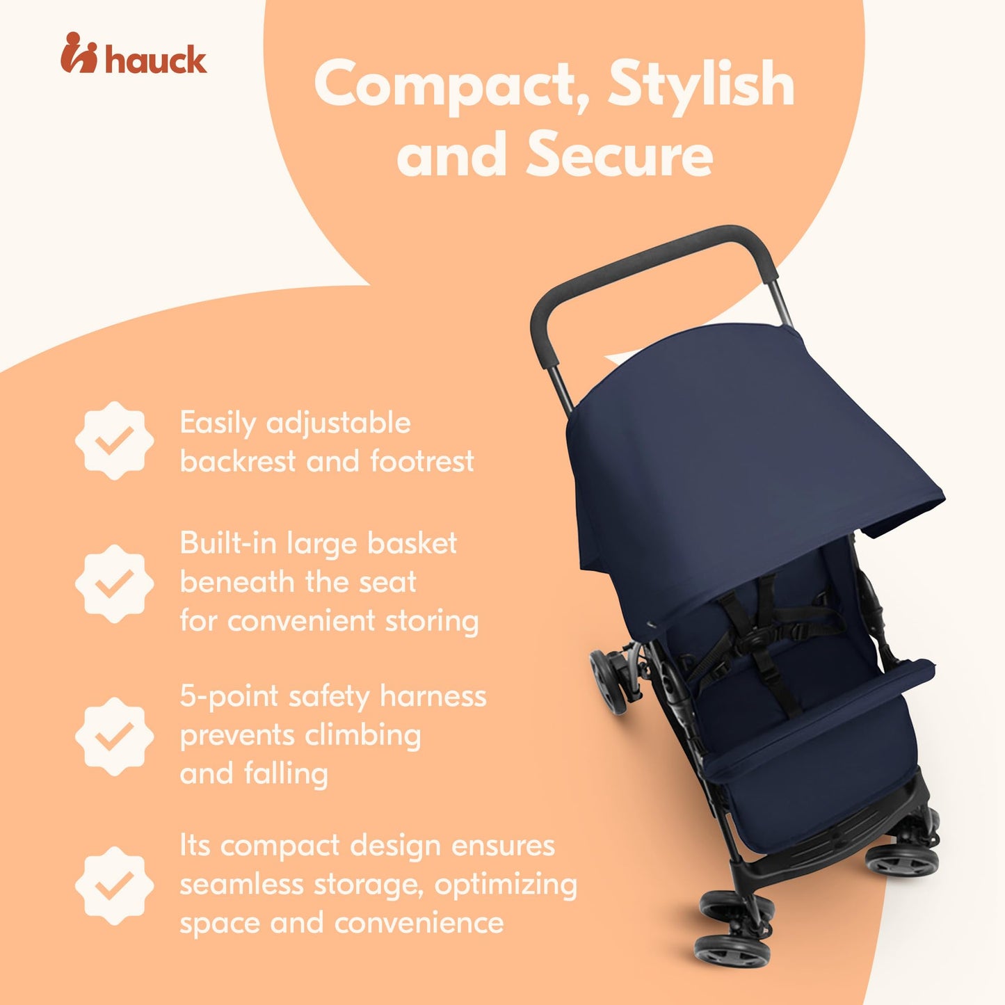 Hauck Lightweight And Compact Travel Baby/Toddler Foldable Stroller, Sport, Dark Blue