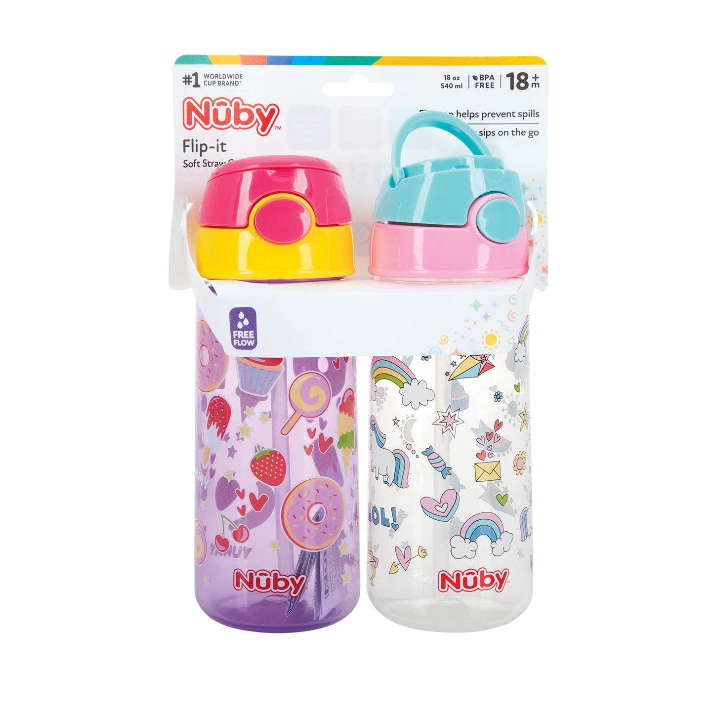 Nuby 2-Pack Kids Printed Flip-It Active Water Bottle With Push Button Cap And Soft Straw - 18Oz / 540Ml, 18+ Months, 2-Pack, Pri