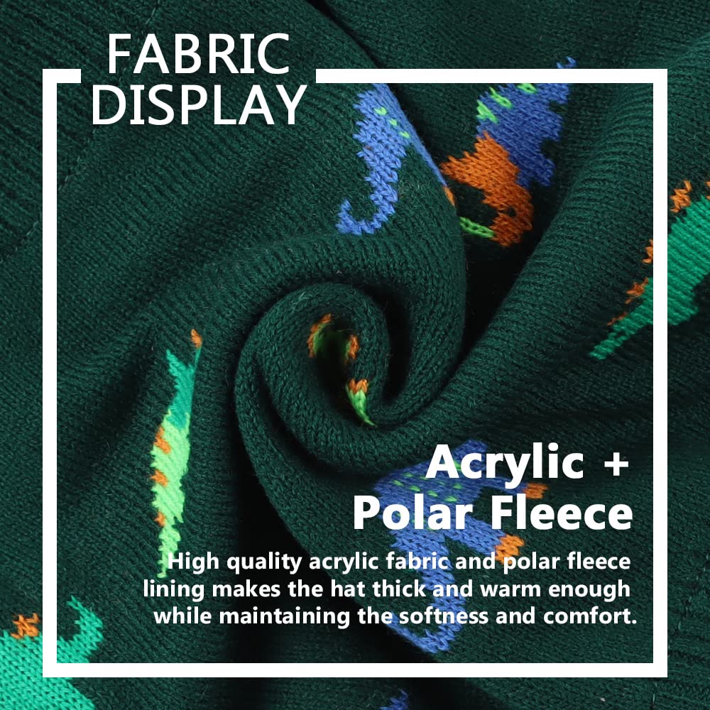 Jangannsa Knitted Baby Hat Scarf Set Winter Warm Boys Girls Beanie Fleece Lining Toddler Kids Hats With Pompom(Dark Green Dinosa