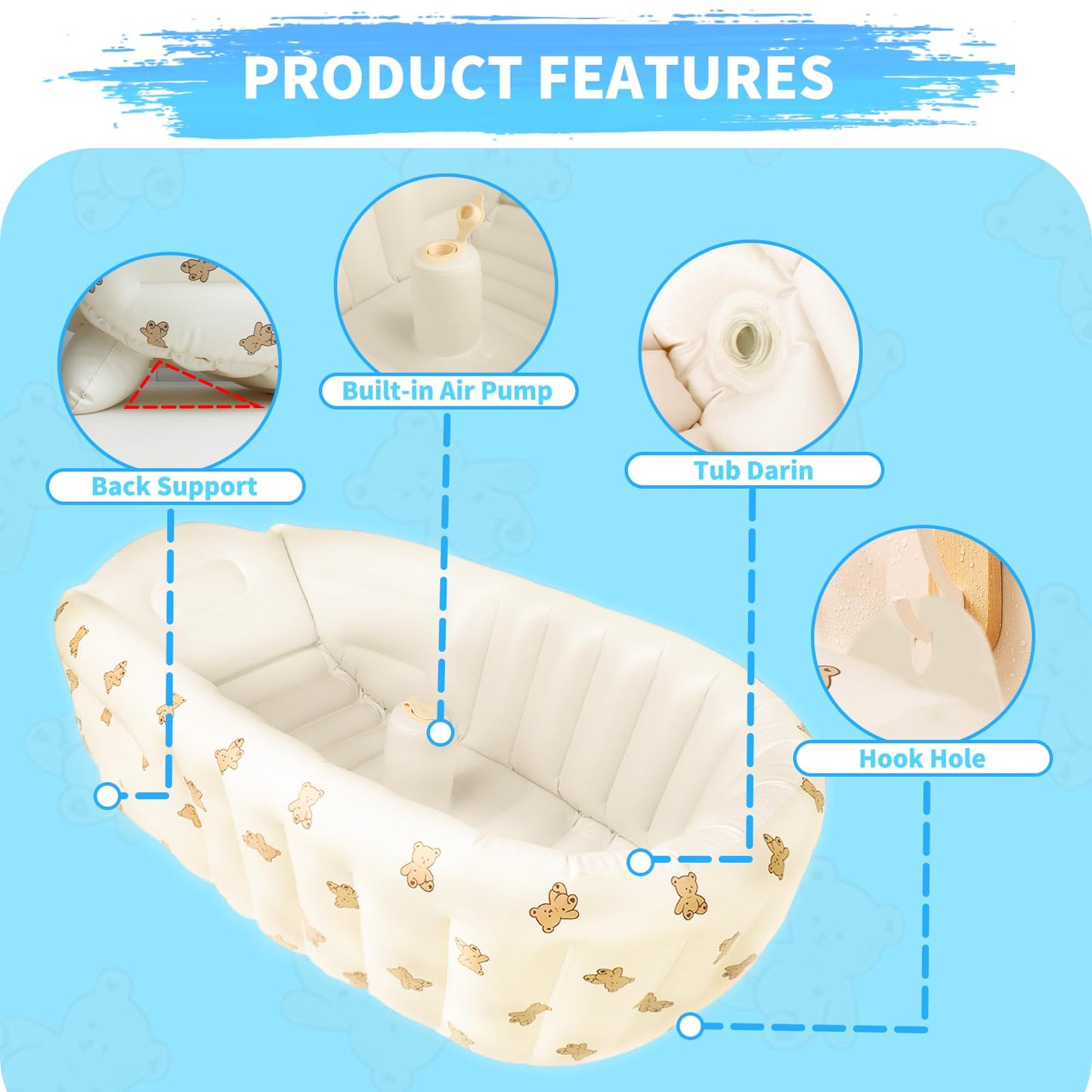 Collapsible Inflatable Baby Bathtub With Built-In Air Pump - Portable, Non-Slip Baby Tub For Newborns & Toddlers, Travel-Friendl