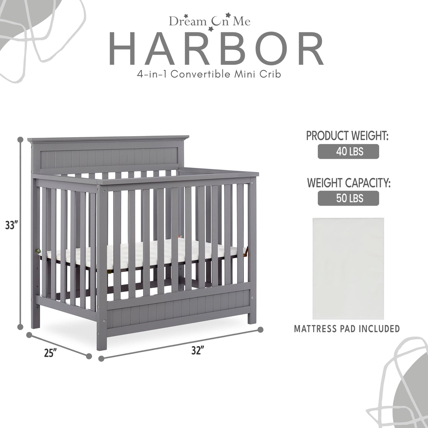 Dream On Me Harbor 4-In-1 Convertible Mini Crib In Storm Grey, Greenguard Gold Certified