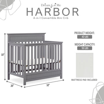 Dream On Me Harbor 4-In-1 Convertible Mini Crib In Storm Grey, Greenguard Gold Certified