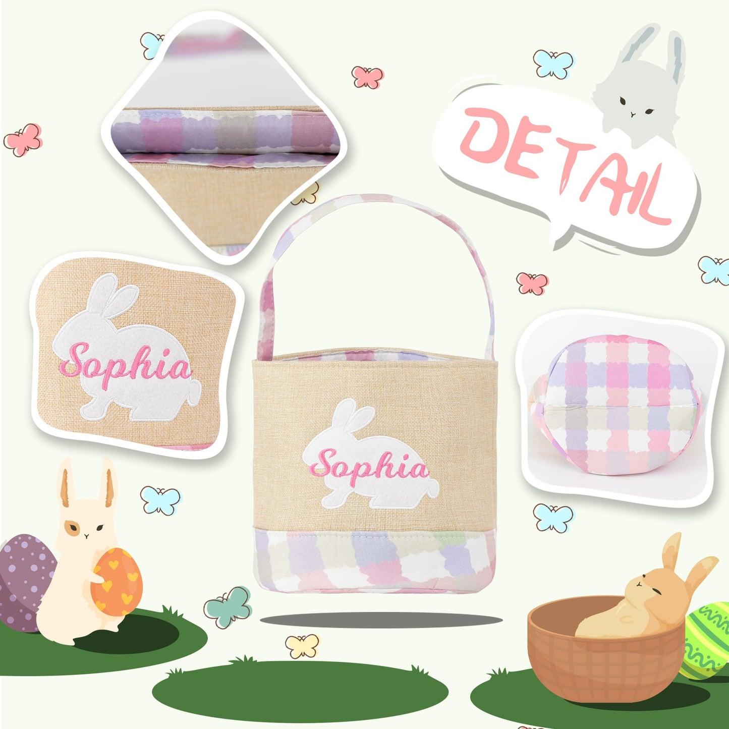 Mt World Kids Easter Bucket Personalized Burlap Easter Egg Hunt Basket For Baby Boys Girls Cute Bunny Storage Basket Reusable Li