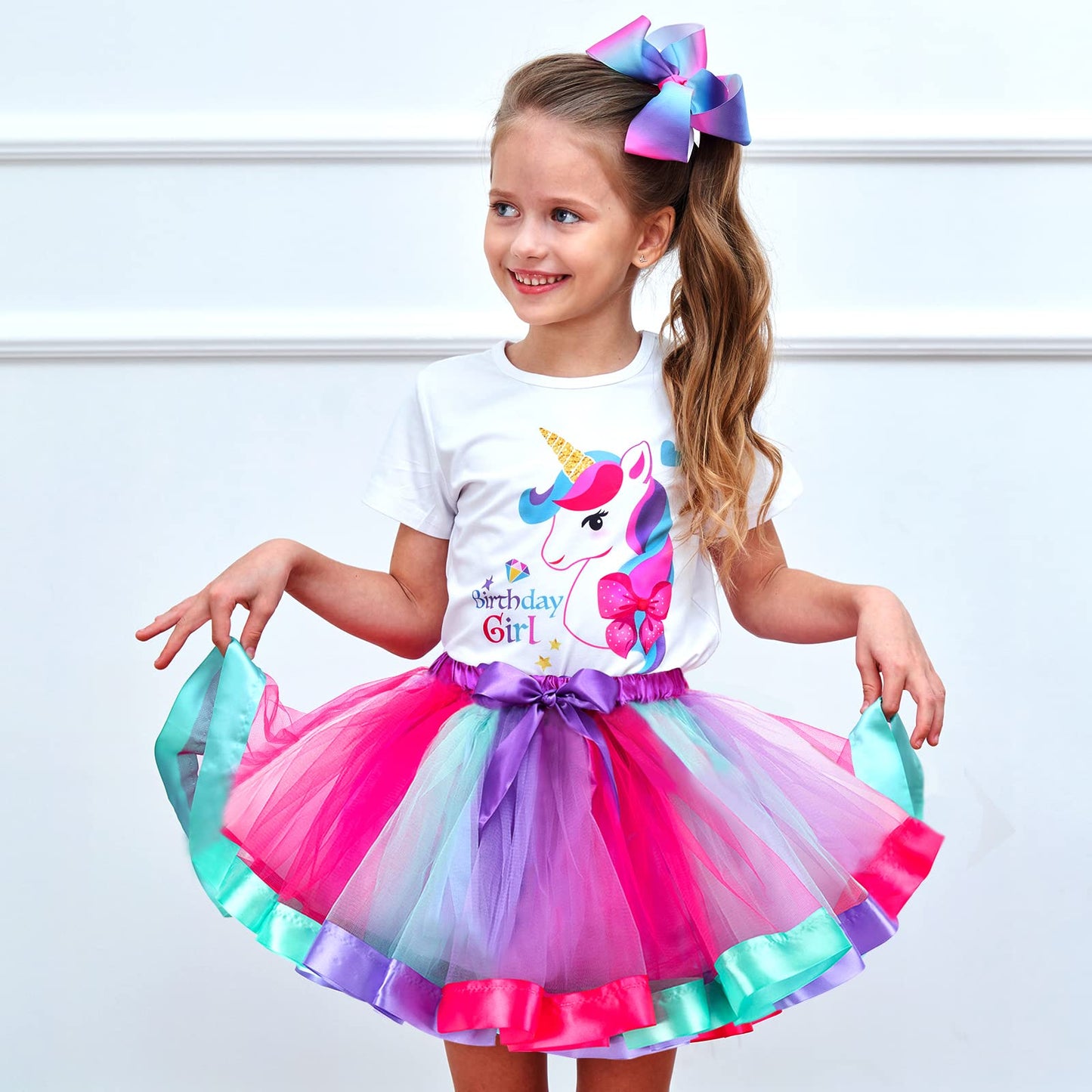 Birthday Girls Costume - Headband, Shirt, Tutu Skirt Dress, Satin Sash - Unicorn Gifts For Girls (Birthday Girl 7, 8 Years)
