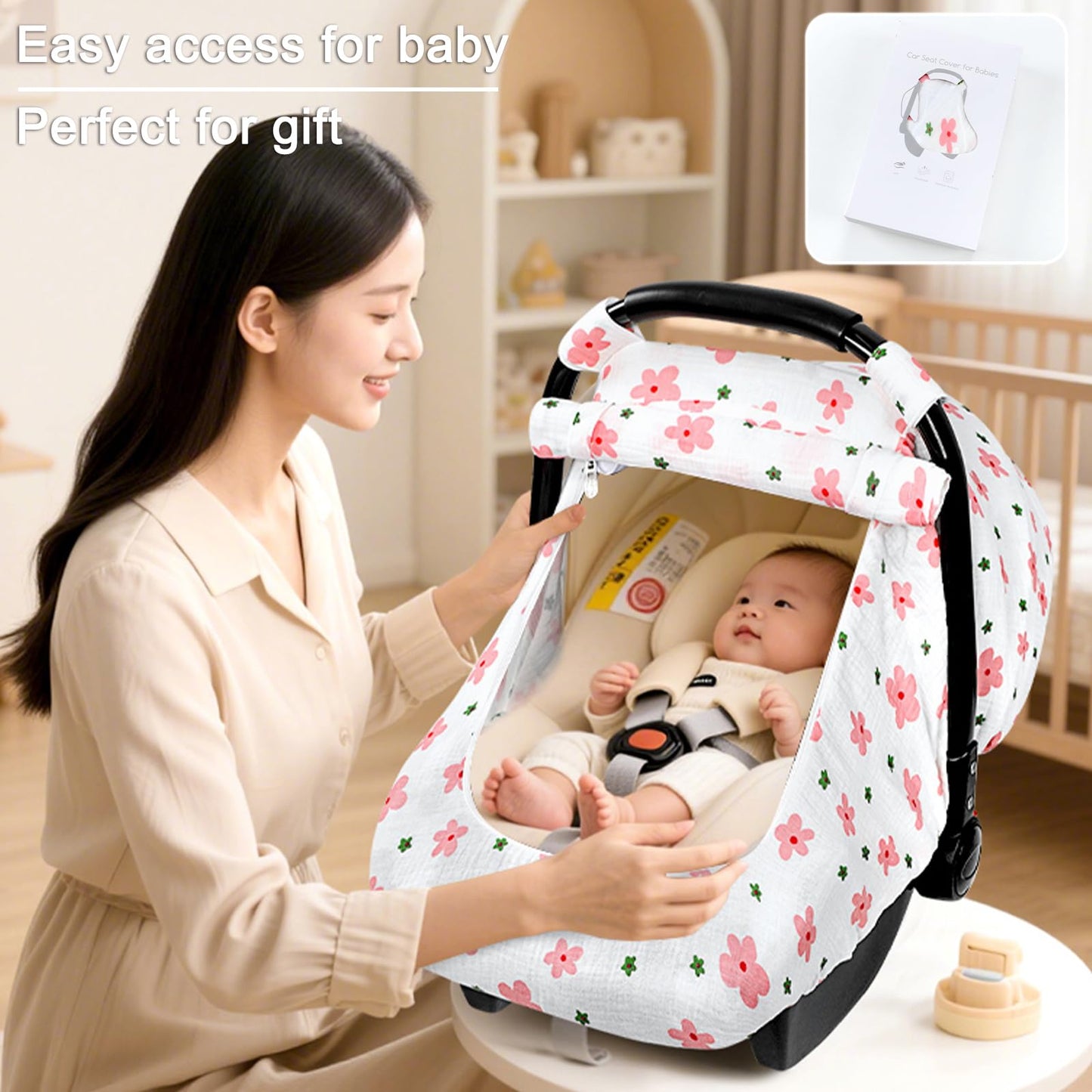 Hooyax Muslin Car Seat Cover Baby - Breathable And Privacy Car Seat Canopy With 3 Modes - Easy Install & Gift Box Packaging, Uni