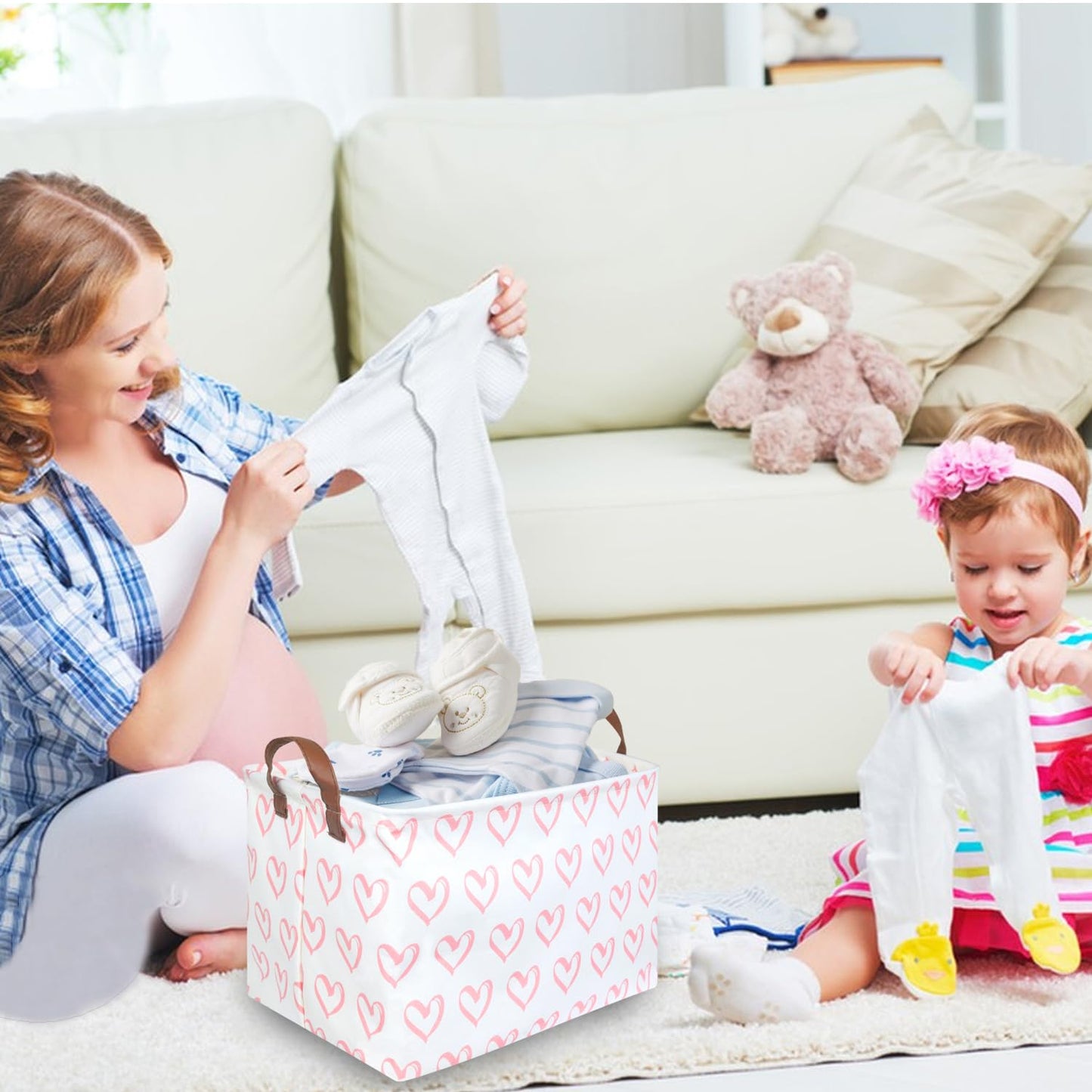 Fxolcshe Rectangular Baby Girl Basket,Baby Gift Basket Empty,Pink Gift Basket With Handle Organizer,Heart Print Easter Basket,Gi