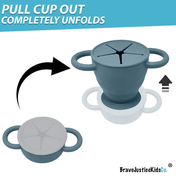 Bravejusticekidsco | Snack Attack Ii Snack Cup | Collapsible Silicone Snack Container | Toddler And Baby Snack Catcher Lid (Blue