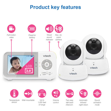Vtech Vm923-2 Baby Monitor, 2.8 Screen, 1000Ft Range, Pan-Tilt-Zoom, Night Vision, 2-Way Audio, Temperature Sensor, Lullabies,