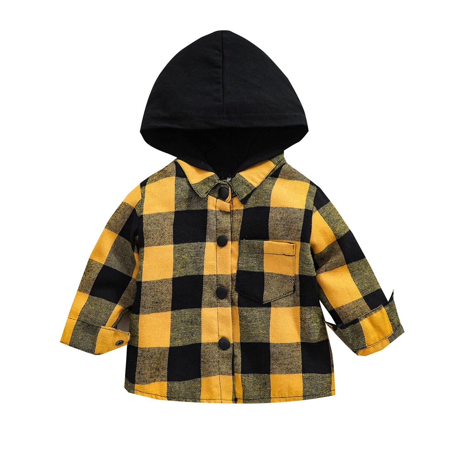 Kids Little Boys Girls Baby Long Sleeve Button Down Hooded Plaid Shirt Red Plaid Flannel Outfits (Yellow, Tag 70, Us 3-6 Months)