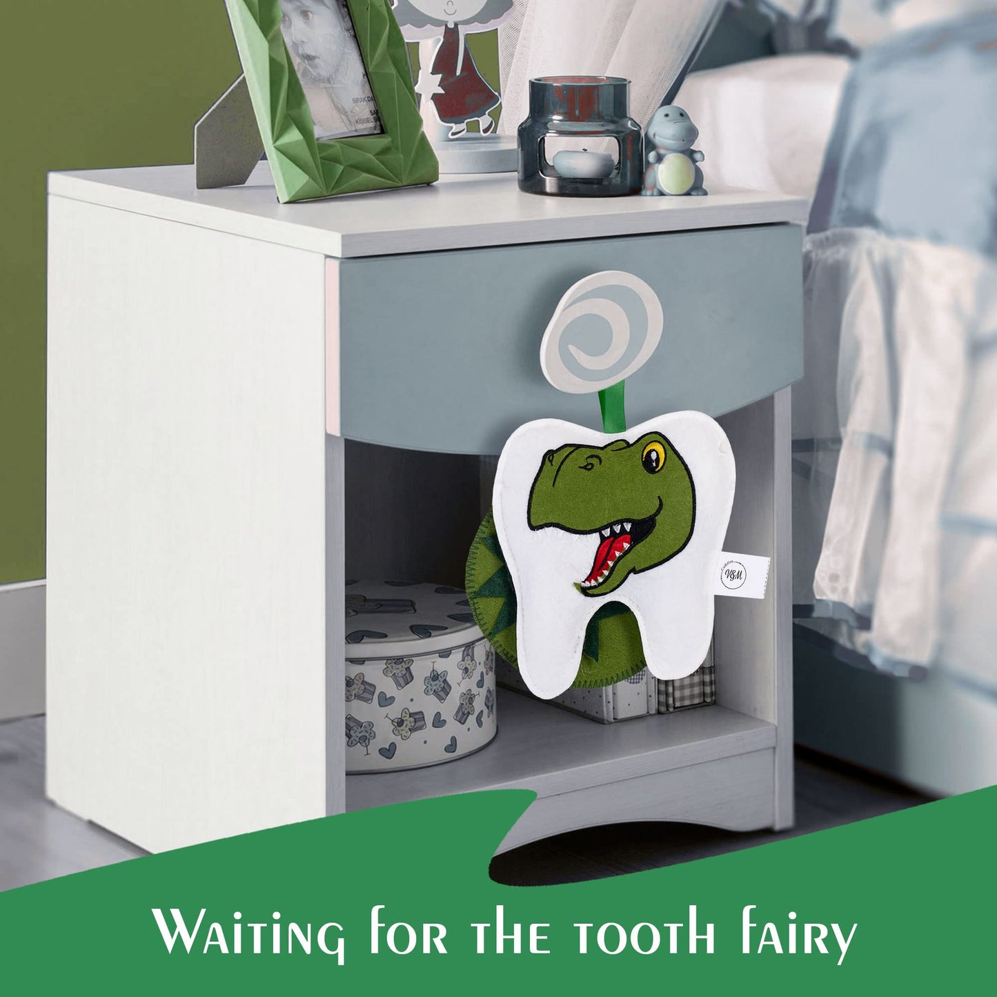 Dinosaur Tooth Fairy Pillow Boy-Tooth Fairy Kit W/Notepad & Keepsake Photo Pouch-Felt Tooth Fairy Box - Dear Tooth Fairy Notepad