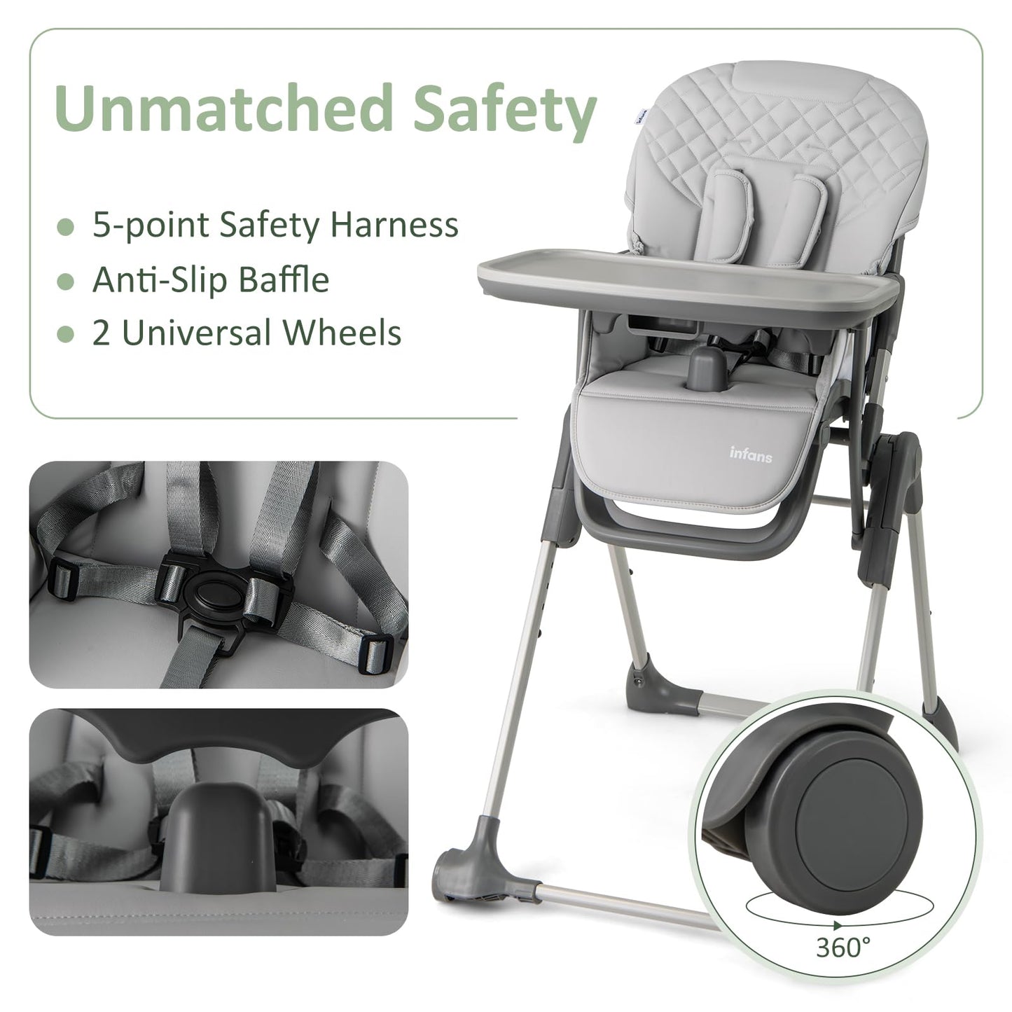 Infans Baby High Chair, Convertible Quick Folding Portable Highchair For Babies And Toddlers With Adjustable Height Backrest Foo