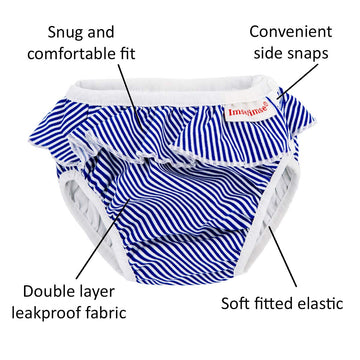 Imse Vimse Reusable Swim Diaper For Baby And Toddler Girls With Ruffle And Snaps (White Blue Stripe, S 13-17 Lbs)