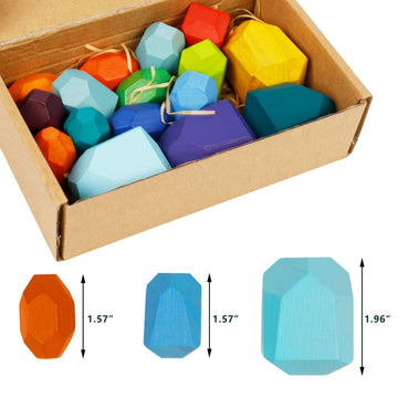 Cllayees 16 Pcs Wooden Stacking Blocks Rocks Building Toys, Colored Solid Wood Stones Pre-School Educational Games Creative Toys