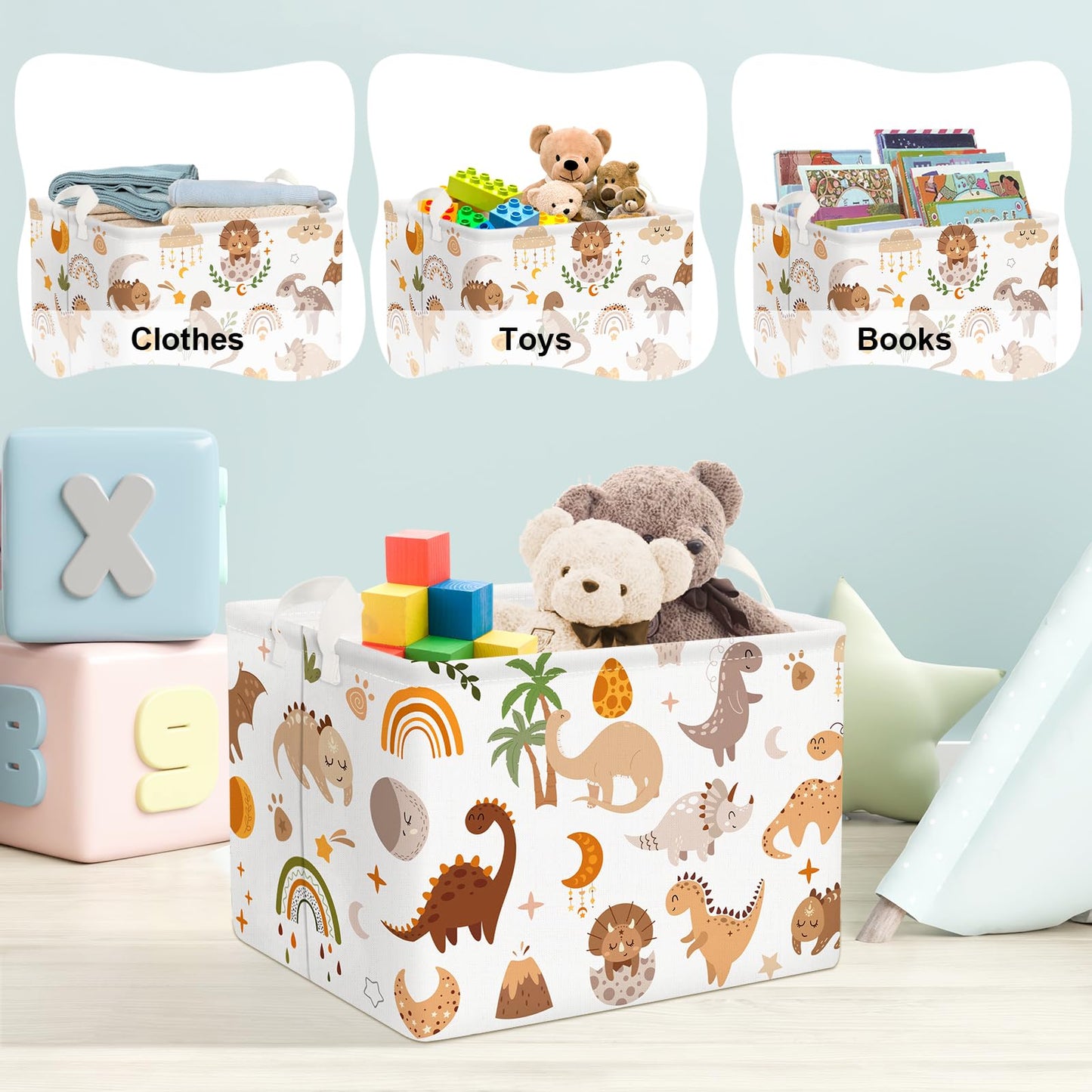 Clastyle Large Boho Dinosaur Boy Basket Rectangle Sleeping Dino Clothes Basket For Bedroom Kid Rainbow Gift Toy Chest Baby Showe