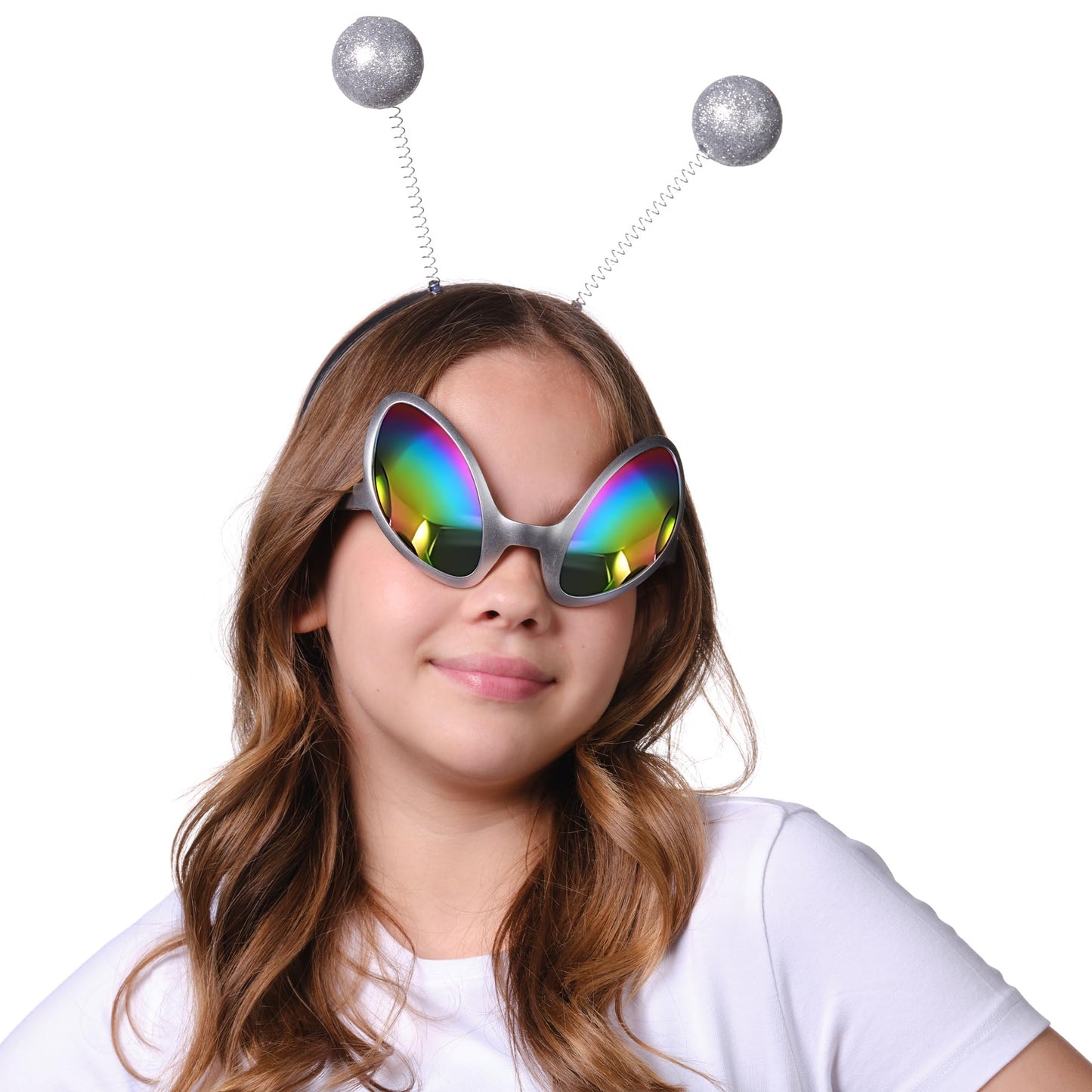 Cheerin Silver Alien Headband And Glasses - Martian Antenna Headband - Glitter Ball Head Boppers - Space Theme Costume - Alien C