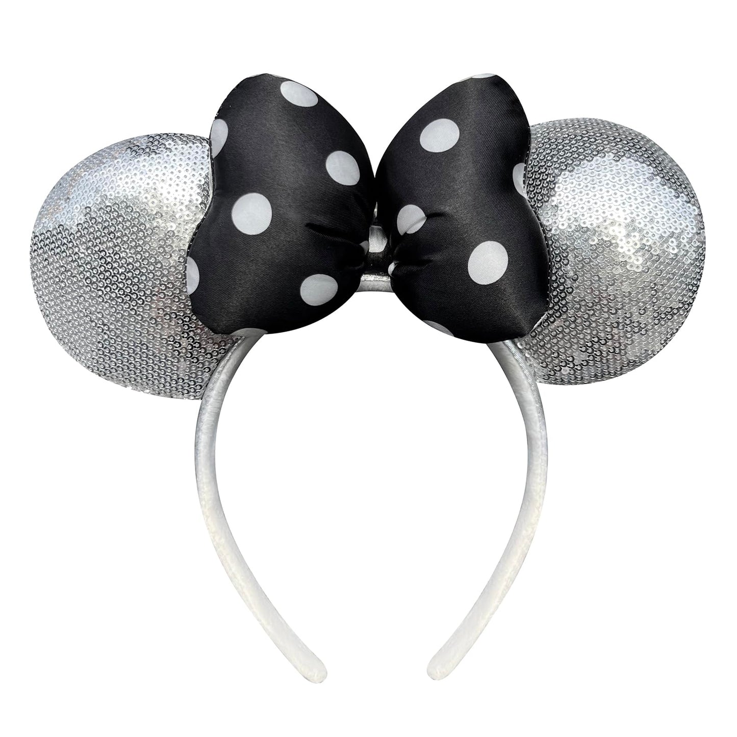 ODOCARE Handmade Mouse Ears Headband for Women and Girls, Polka Dot Bow Mouse Ears Costume Accessories(Shiny Silver)