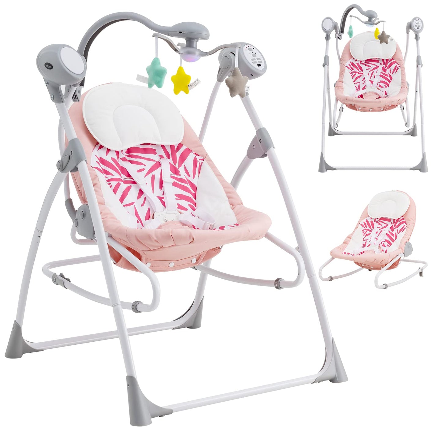 INFANS 2 in 1 Baby Swing and Bouncer for Infants, Portable Newborn Rocker with 5 Speed Sway Music Timing 3 Toys Remote Control,
